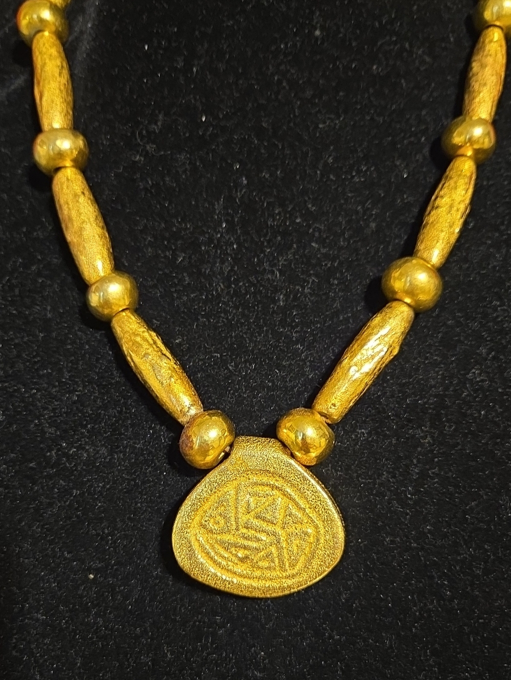 Vintage Brutalist Boho Statement Necklace Heavy Gold Brass Tone Geometric Pendan